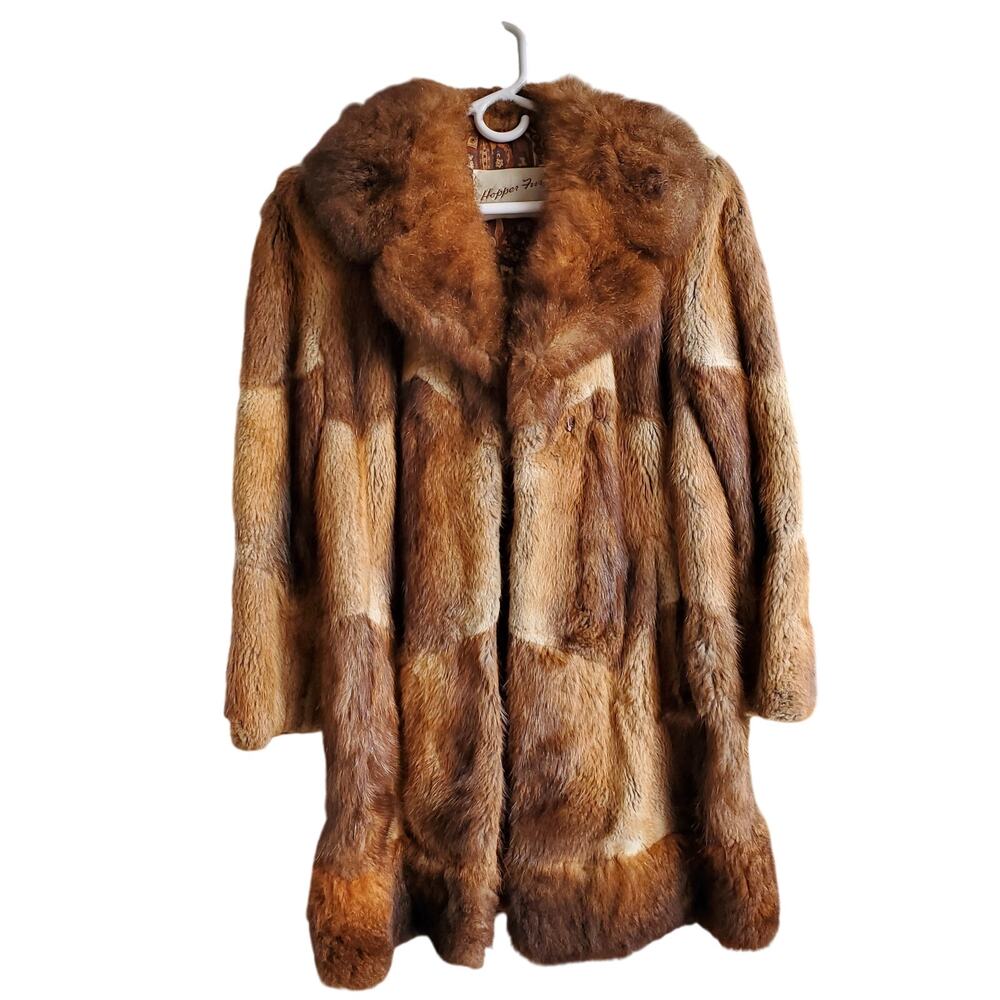 Vintage Opossum Muskrat Fur Coat Womens S/M Brown Hopper Furs Knee Length